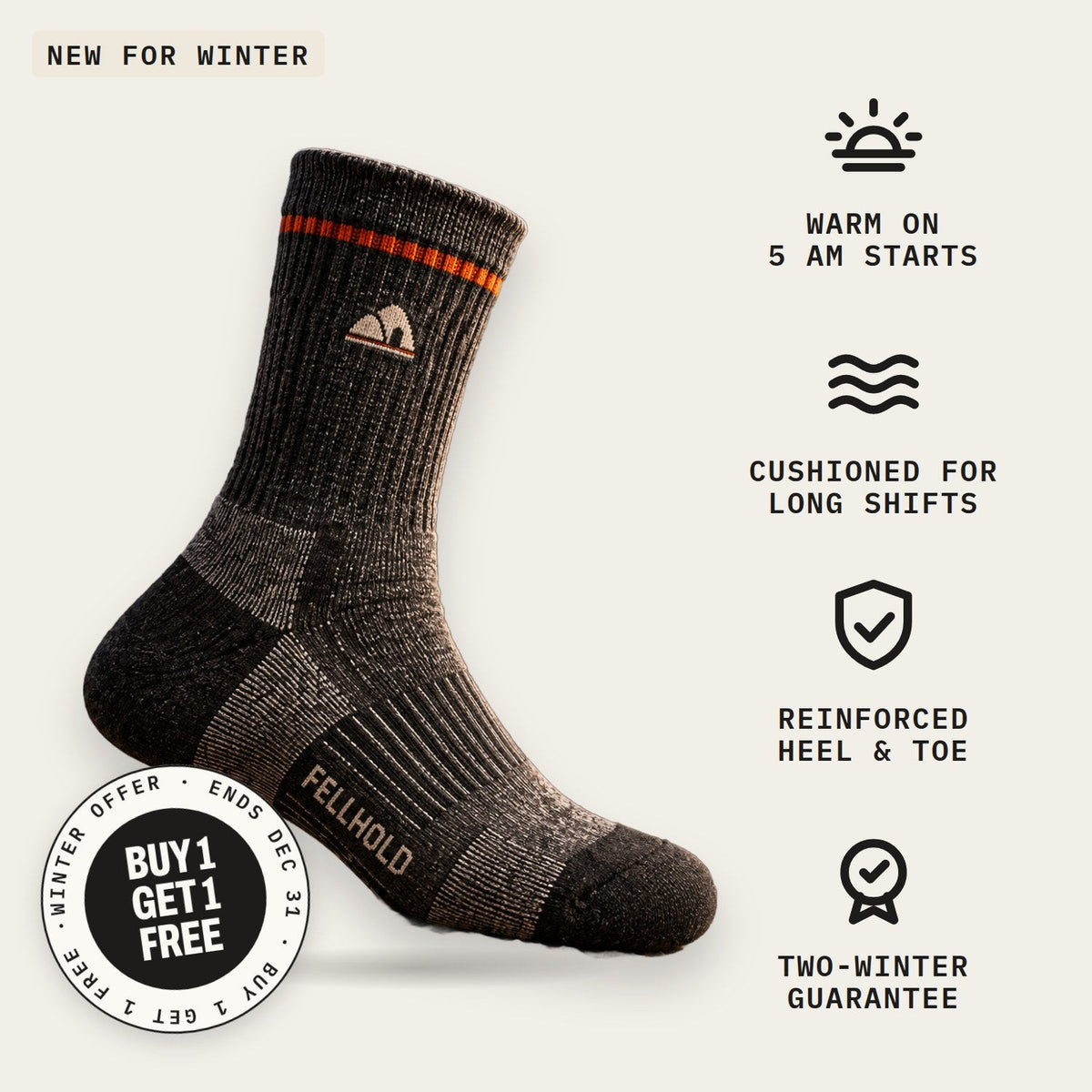 The Longday Boot Sock: warm on 5 AM starts, cushioned for long shifts, reinforced heel and toe, Two-Winter Guarantee
